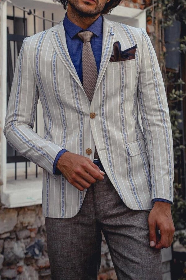 Çizgili Bej Slim Fit Ceket - Wessi
