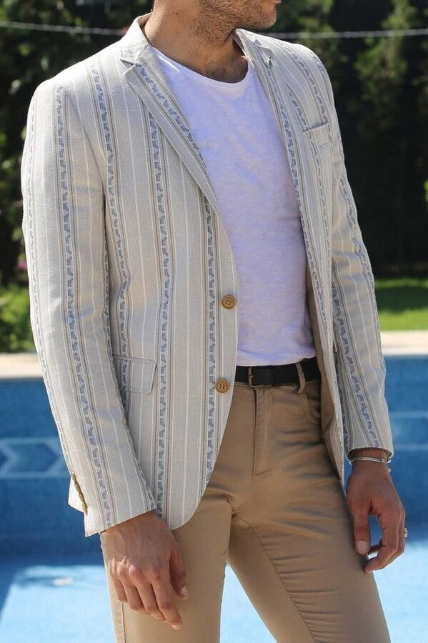 Çizgili Bej Slim Fit Ceket - Wessi