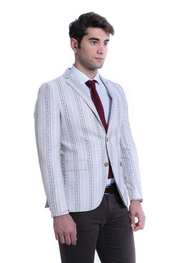 Çizgili Bej Slim Fit Ceket - Wessi