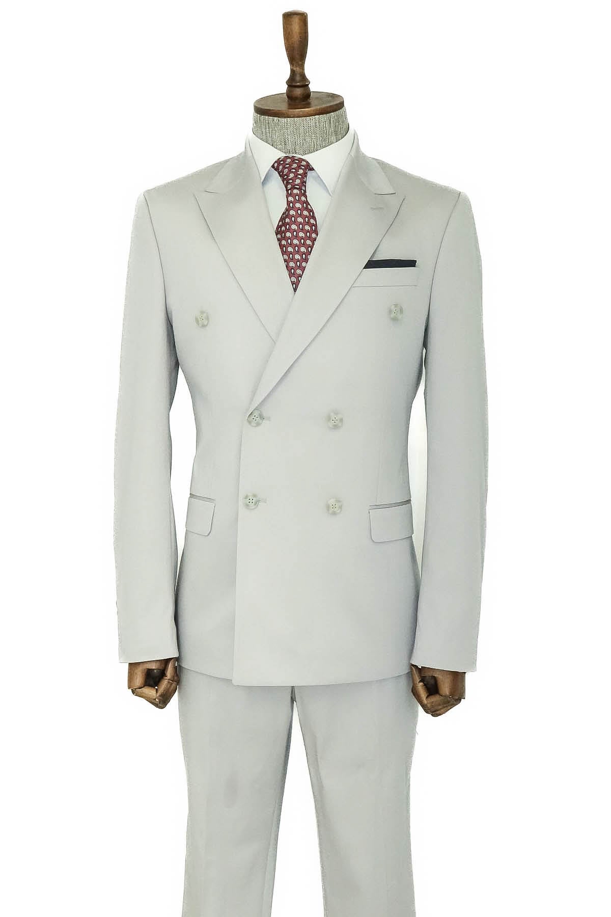 Geniş Sivri Yakalı Slim Fit Açık Gri Erkek Kruvaze Takım Elbise - Wessi