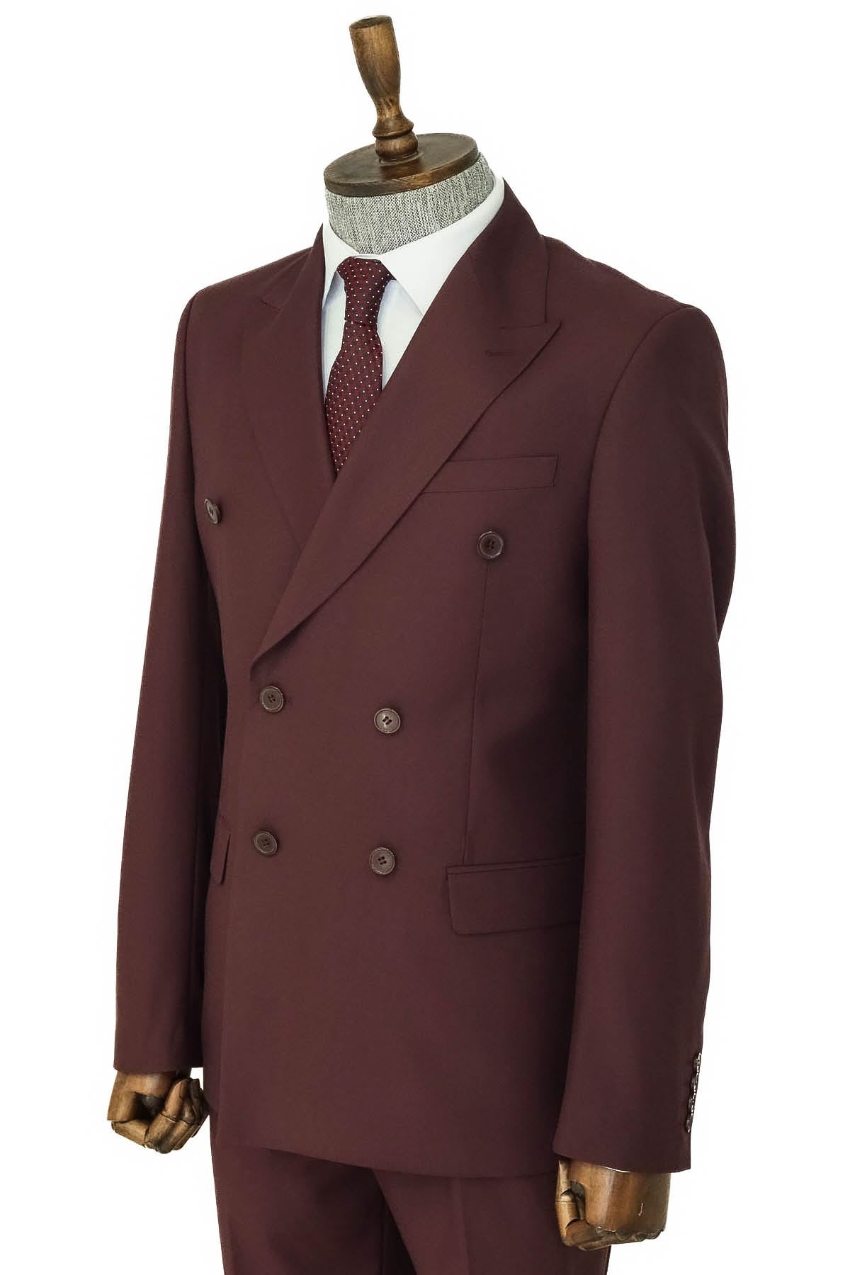 Geniş Sivri Yakalı Slim Fit Bordo Erkek Kruvaze Takım Elbise - Wessi