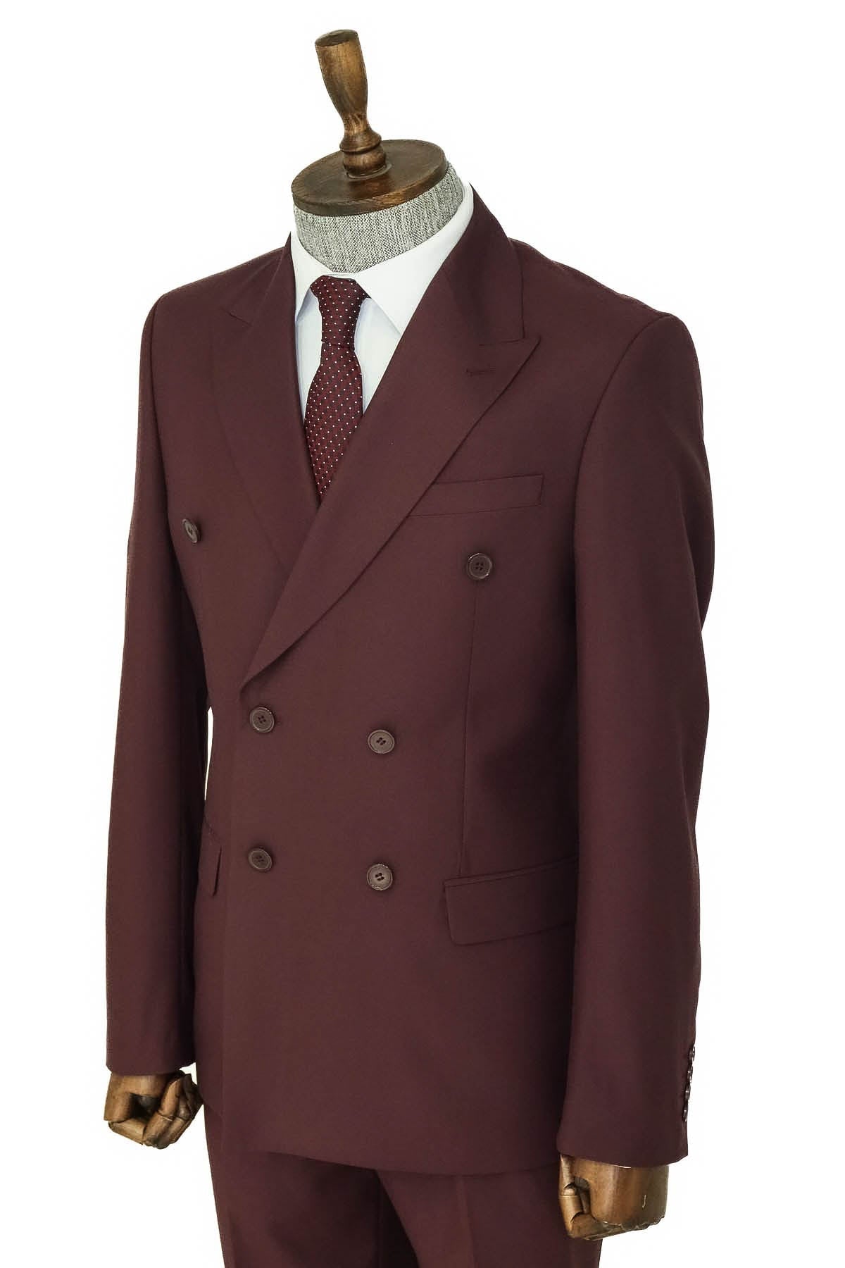 Geniş Sivri Yakalı Slim Fit Bordo Erkek Kruvaze Takım Elbise - Wessi