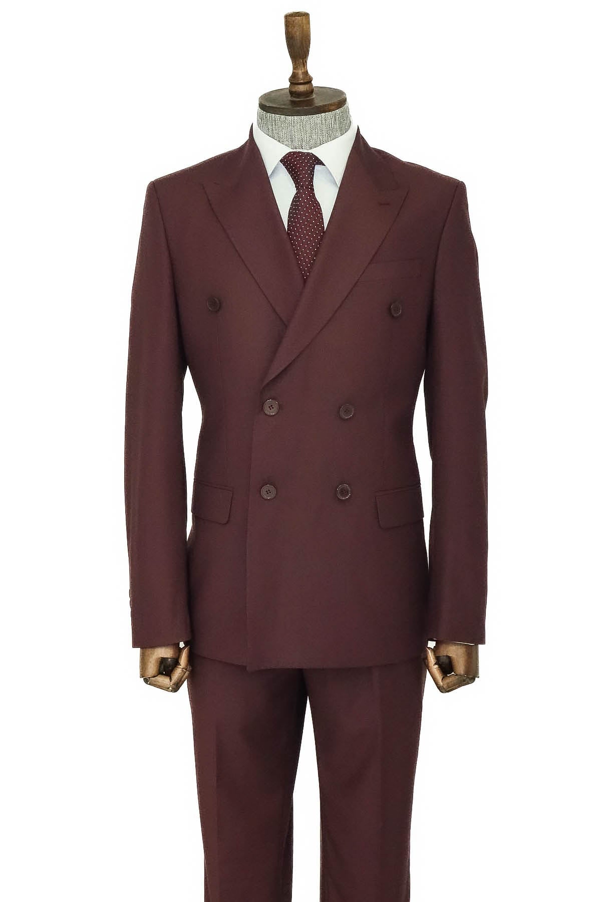 Geniş Sivri Yakalı Slim Fit Bordo Erkek Kruvaze Takım Elbise - Wessi