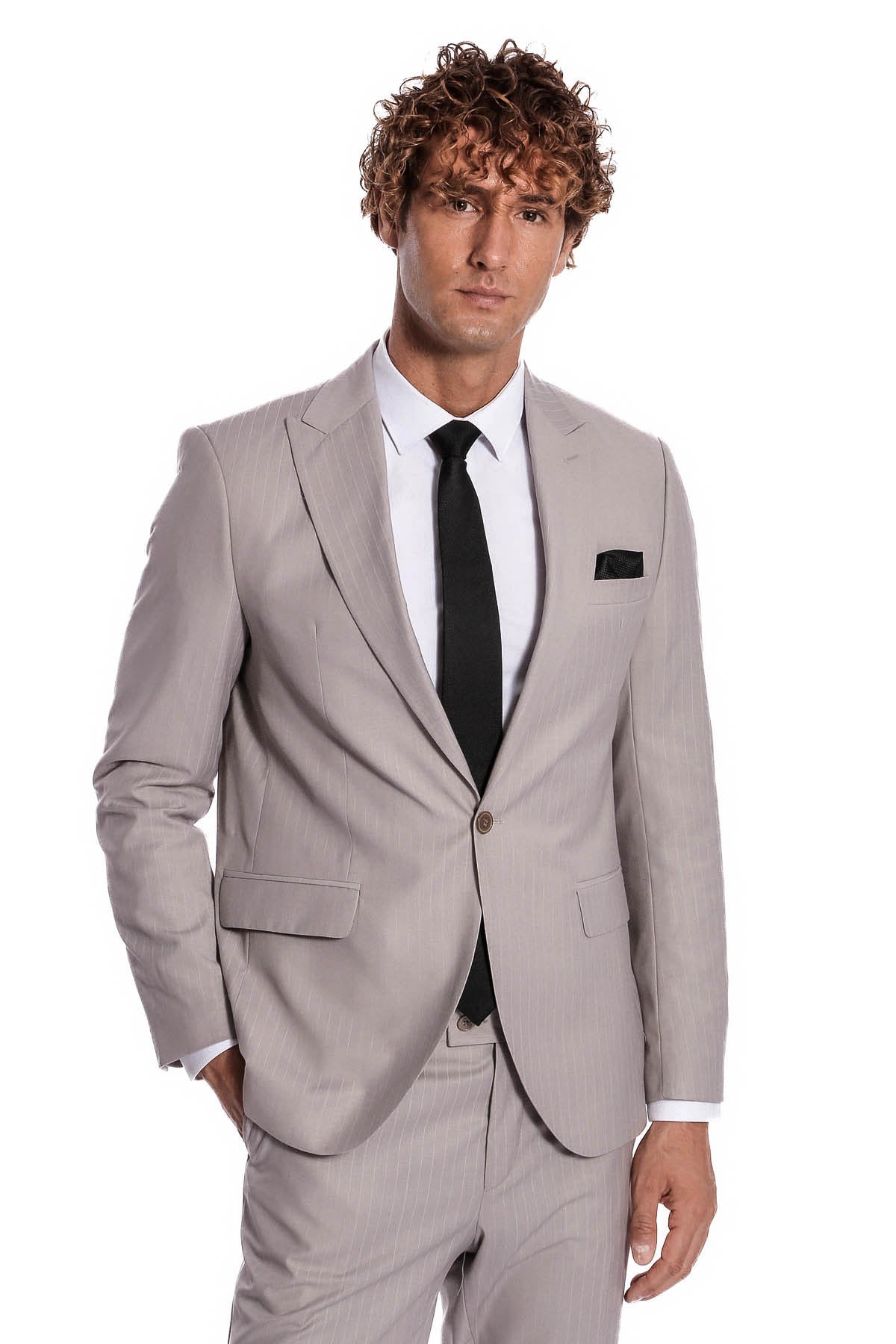 İki Parça Çizgili Slim Fit Gri Erkek Takım Elbise - Wessi