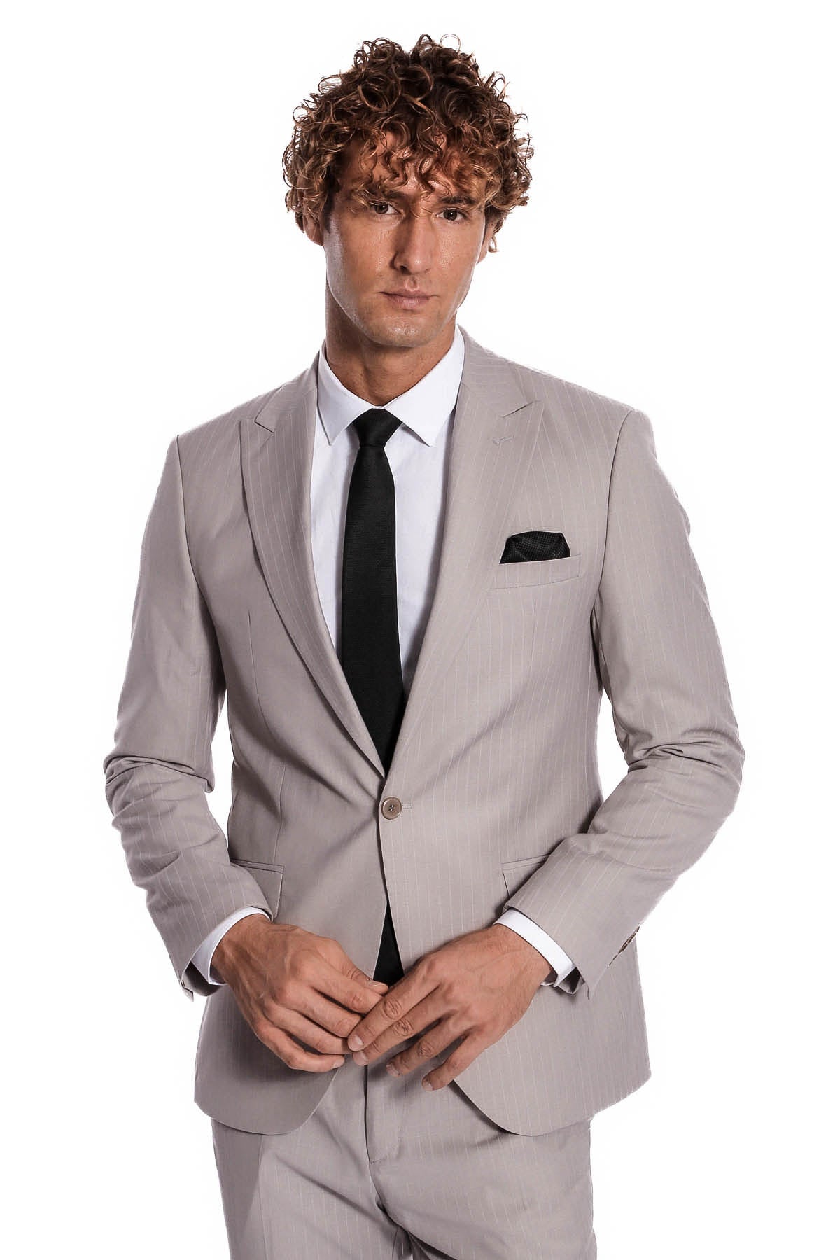 İki Parça Çizgili Slim Fit Gri Erkek Takım Elbise - Wessi