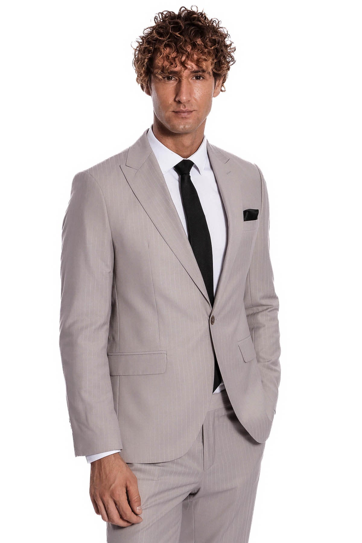 İki Parça Çizgili Slim Fit Gri Erkek Takım Elbise - Wessi