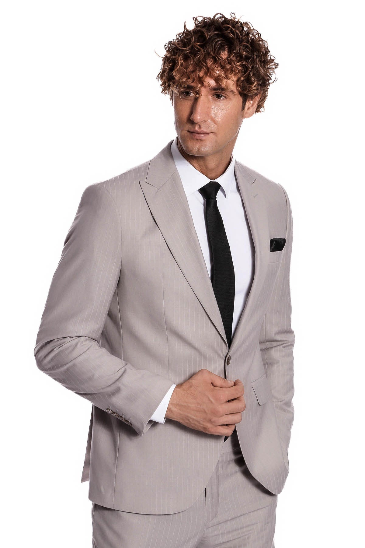 İki Parça Çizgili Slim Fit Gri Erkek Takım Elbise - Wessi