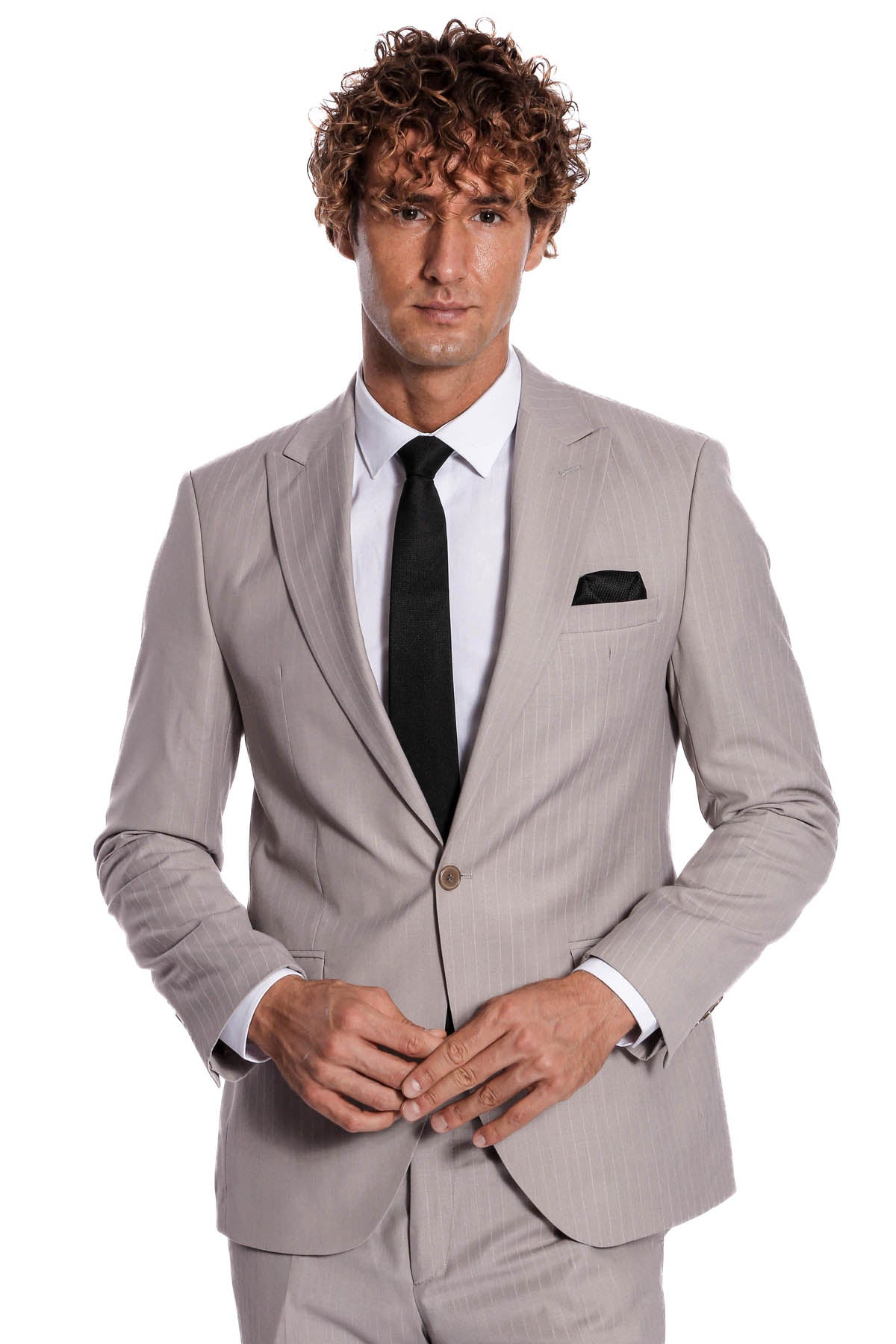 İki Parça Çizgili Slim Fit Gri Erkek Takım Elbise - Wessi