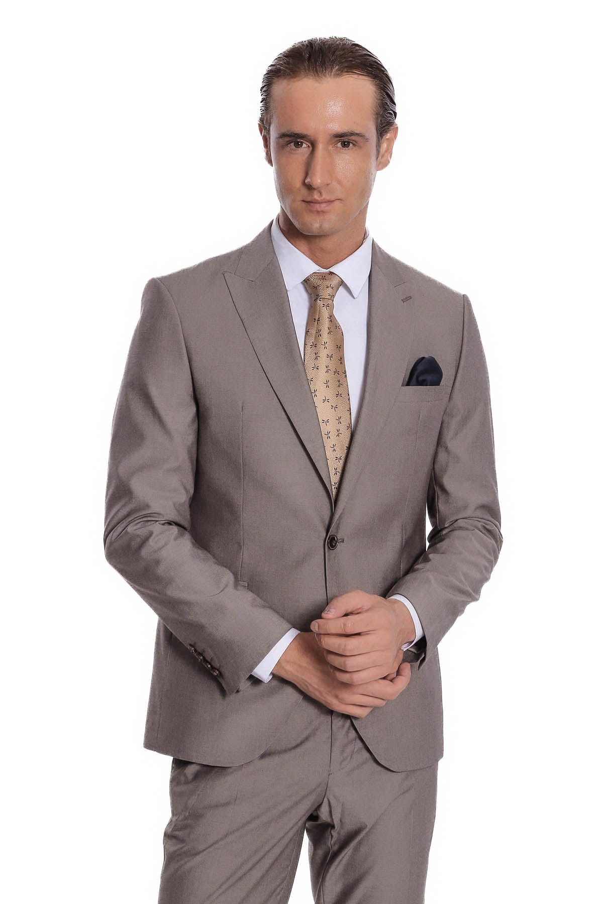 Desensiz İki Parça Slim Fit Soluk Kahverengi Erkek Takım Elbise - Wessi