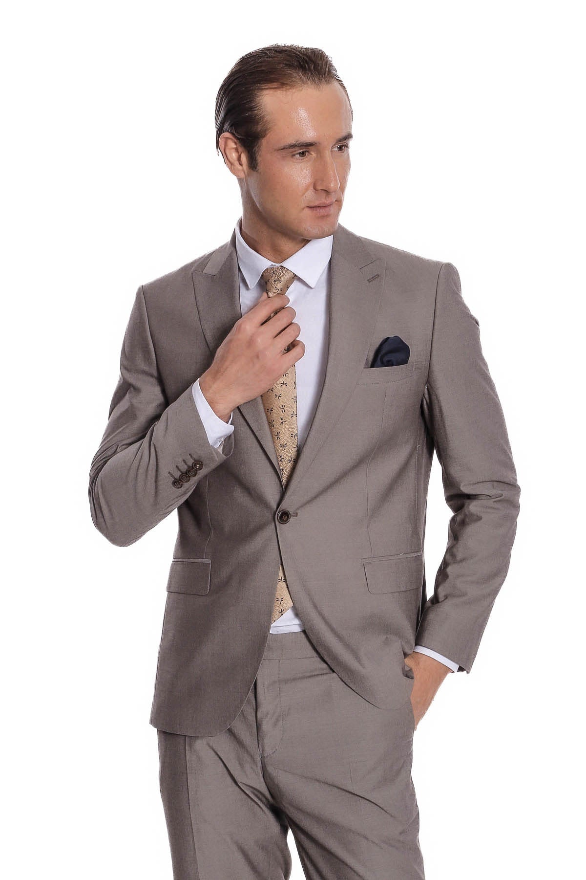 Desensiz İki Parça Slim Fit Soluk Kahverengi Erkek Takım Elbise - Wessi