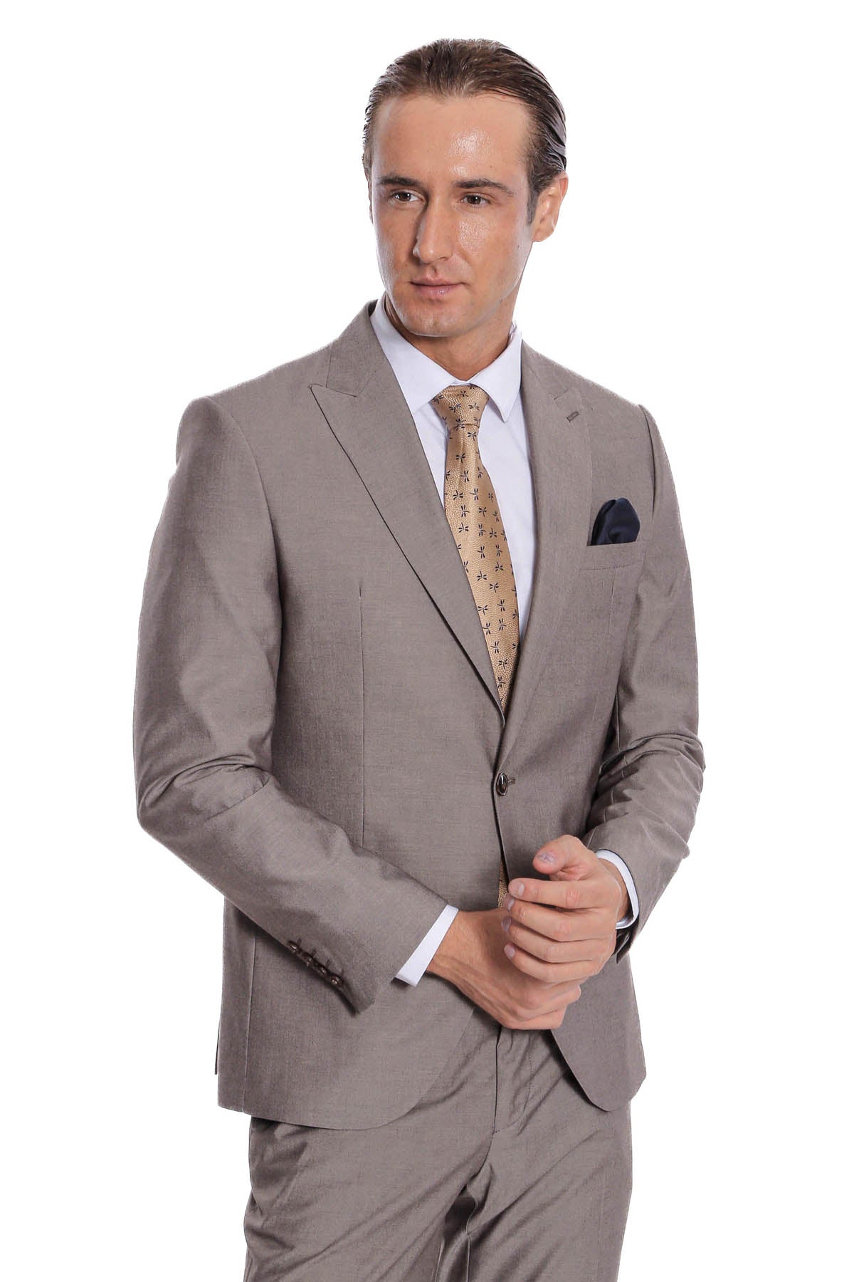 Desensiz İki Parça Slim Fit Soluk Kahverengi Erkek Takım Elbise - Wessi
