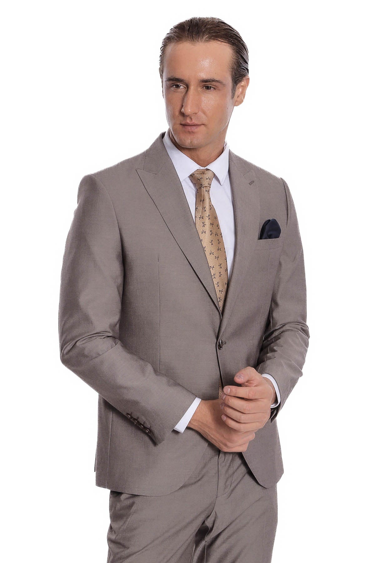 Desensiz İki Parça Slim Fit Soluk Kahverengi Erkek Takım Elbise - Wessi