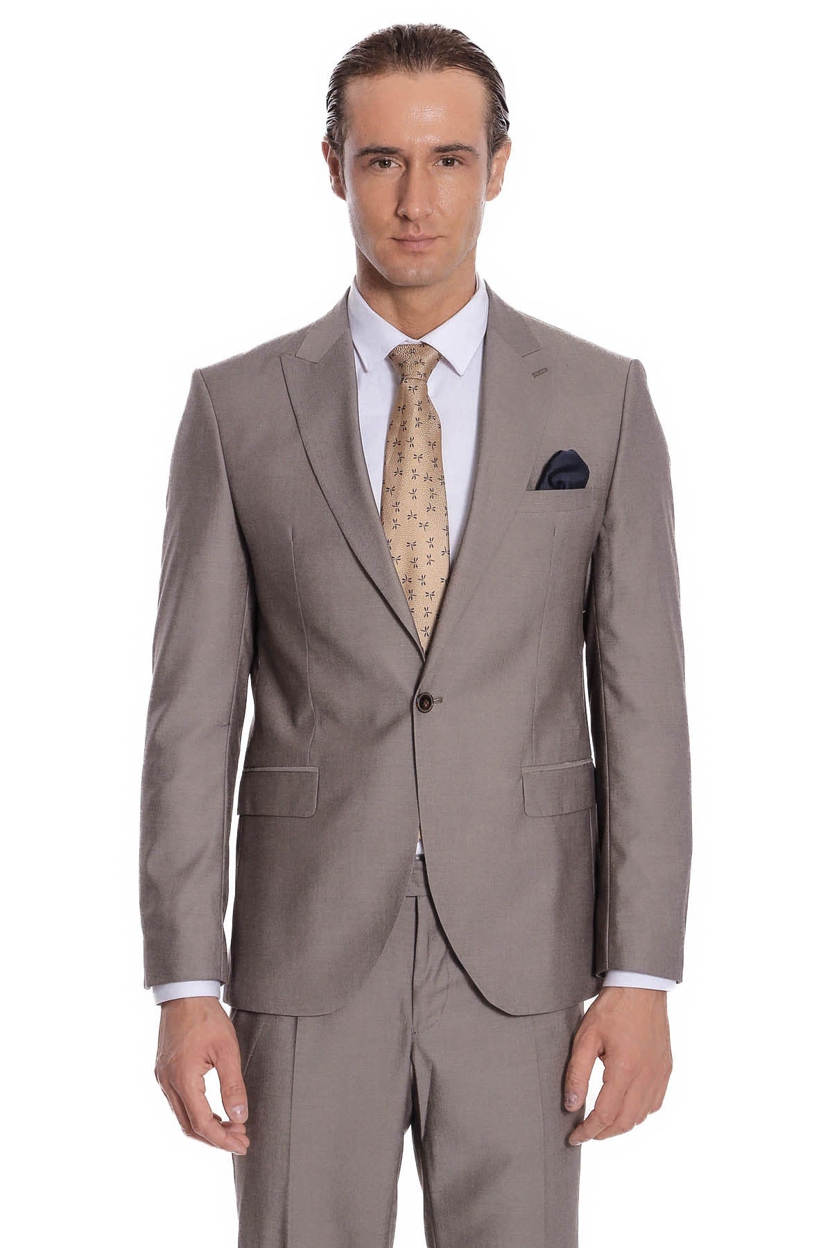Desensiz İki Parça Slim Fit Soluk Kahverengi Erkek Takım Elbise - Wessi