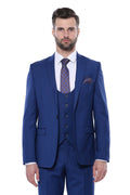 Düz Lacivert Sivri Yaka Slim Fit Yelekli Takım Elbise - Wessi