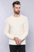 Patterned Crew Neck Cream Knitwear - Wessi