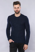 Patterned Navy Crew Neck Knitwear | Wessi