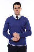 Navy Blue V-Neck Slim Fit Knitwear - Wessi