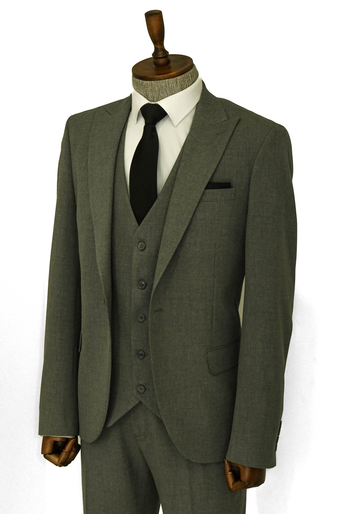 Tek Düğmeli Slim Fit Koyu Gri Yelekli Erkek Takım Elbise - Wessi