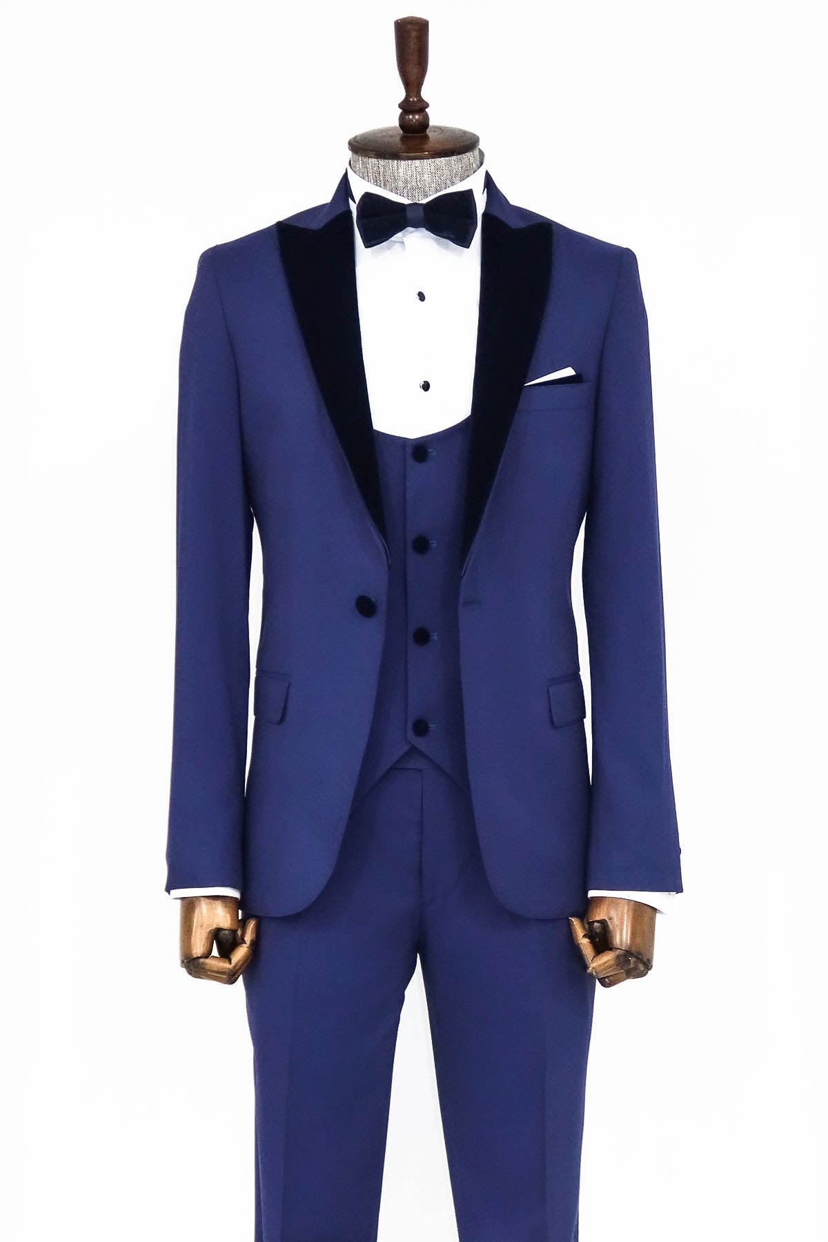 Kadife Yaka Slim Fit Mavi Erkek Damatlık - Wessi