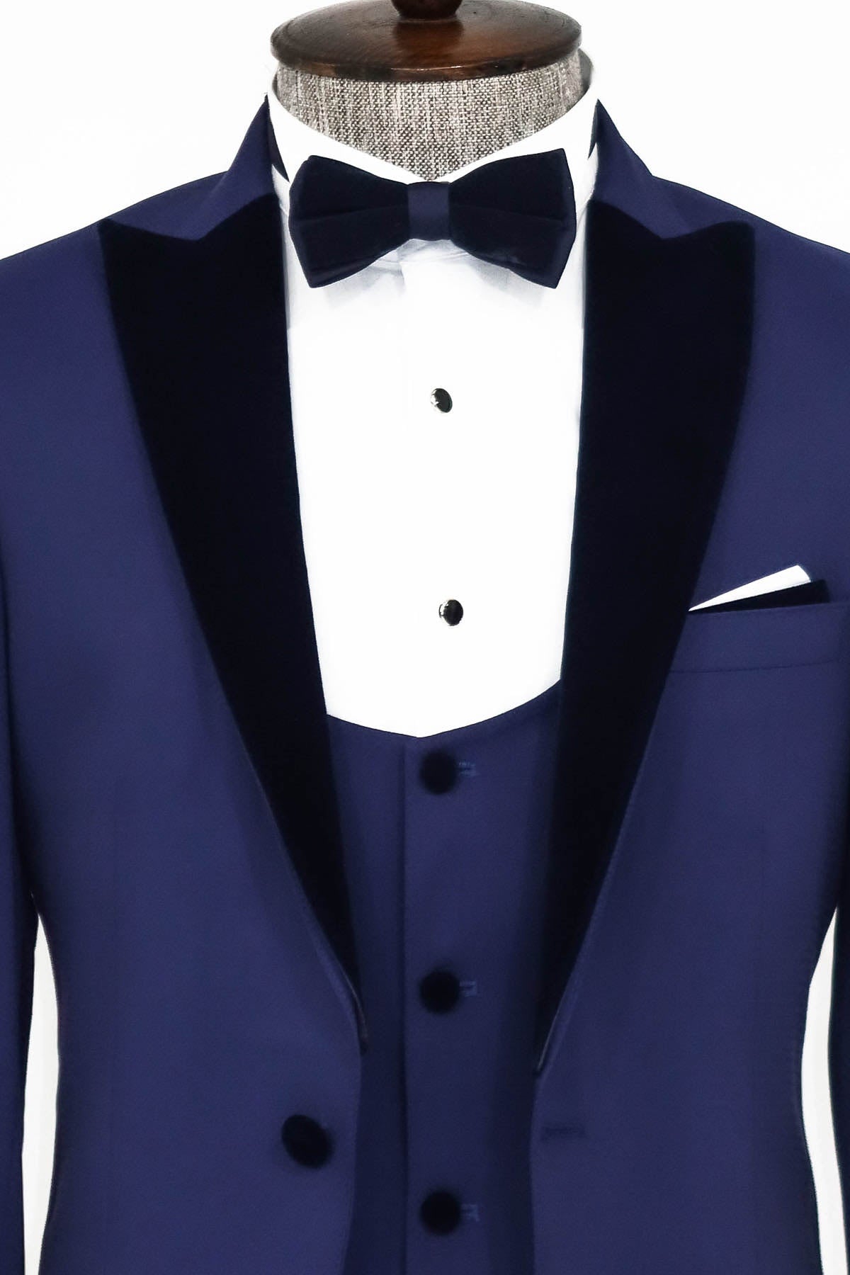Kadife Yaka Slim Fit Mavi Erkek Damatlık - Wessi