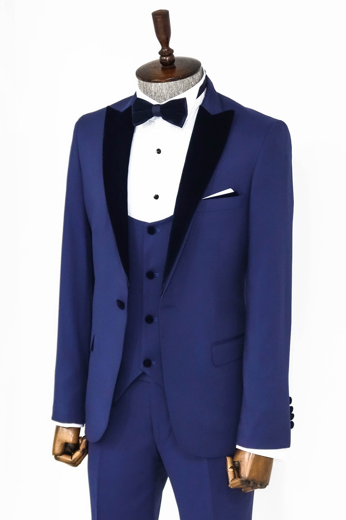 Kadife Yaka Slim Fit Mavi Erkek Damatlık - Wessi