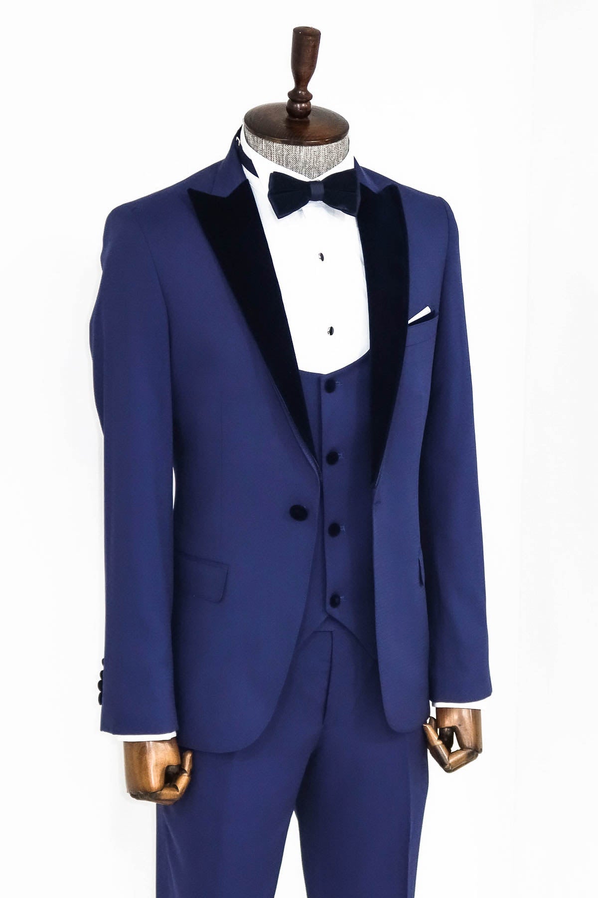 Kadife Yaka Slim Fit Mavi Erkek Damatlık - Wessi