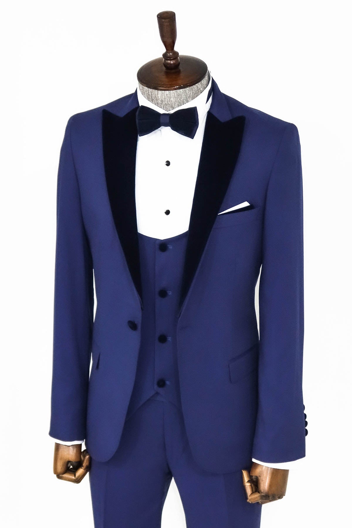Kadife Yaka Slim Fit Mavi Erkek Damatlık - Wessi