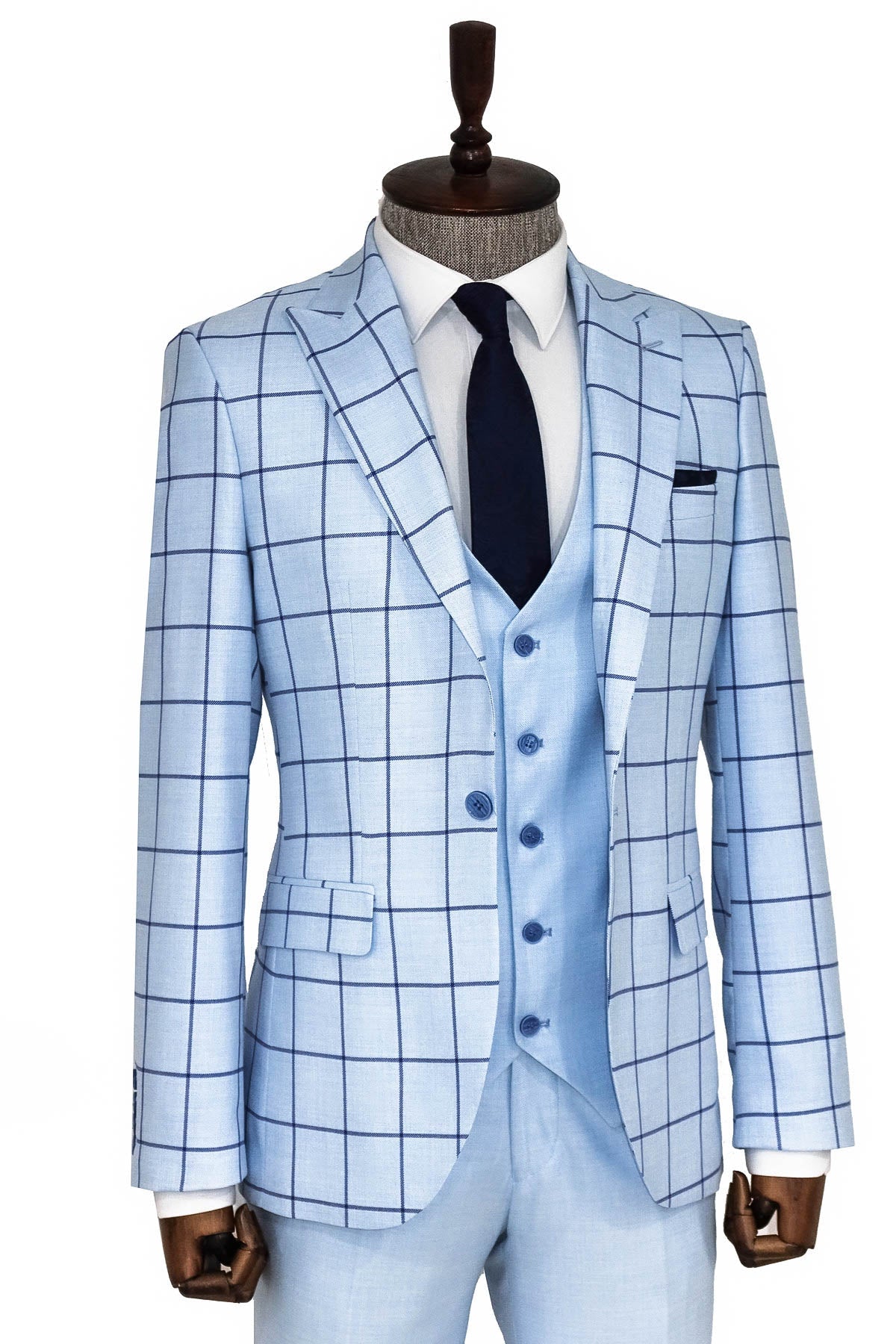 Ekose Ceketli Slim Fit Açık Mavi Erkek Kombinli Takım Elbise - Wessi