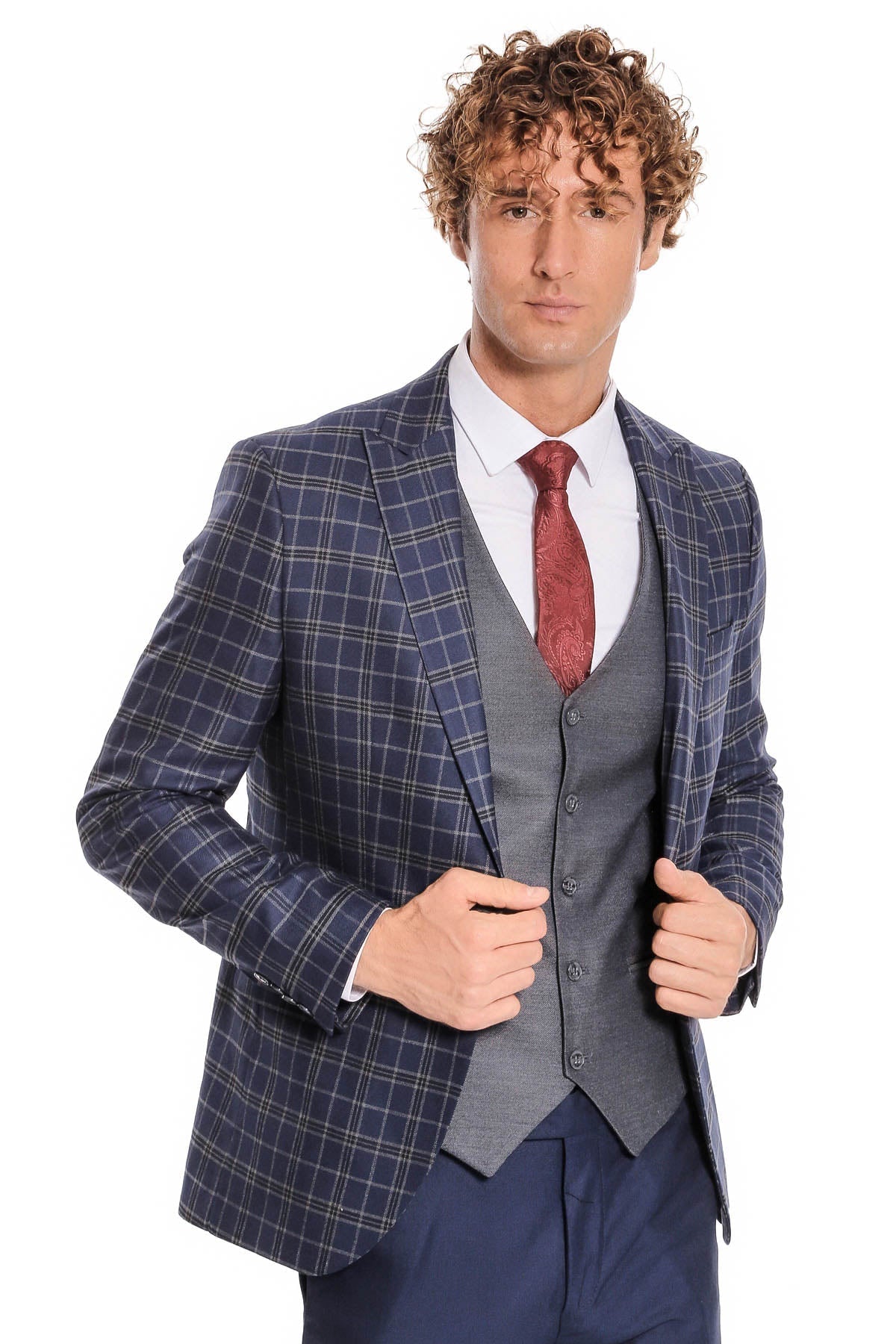 Mavi Yelekli Slim Fit Ekose Lacivert Erkek Takım Elbise - Wessi
