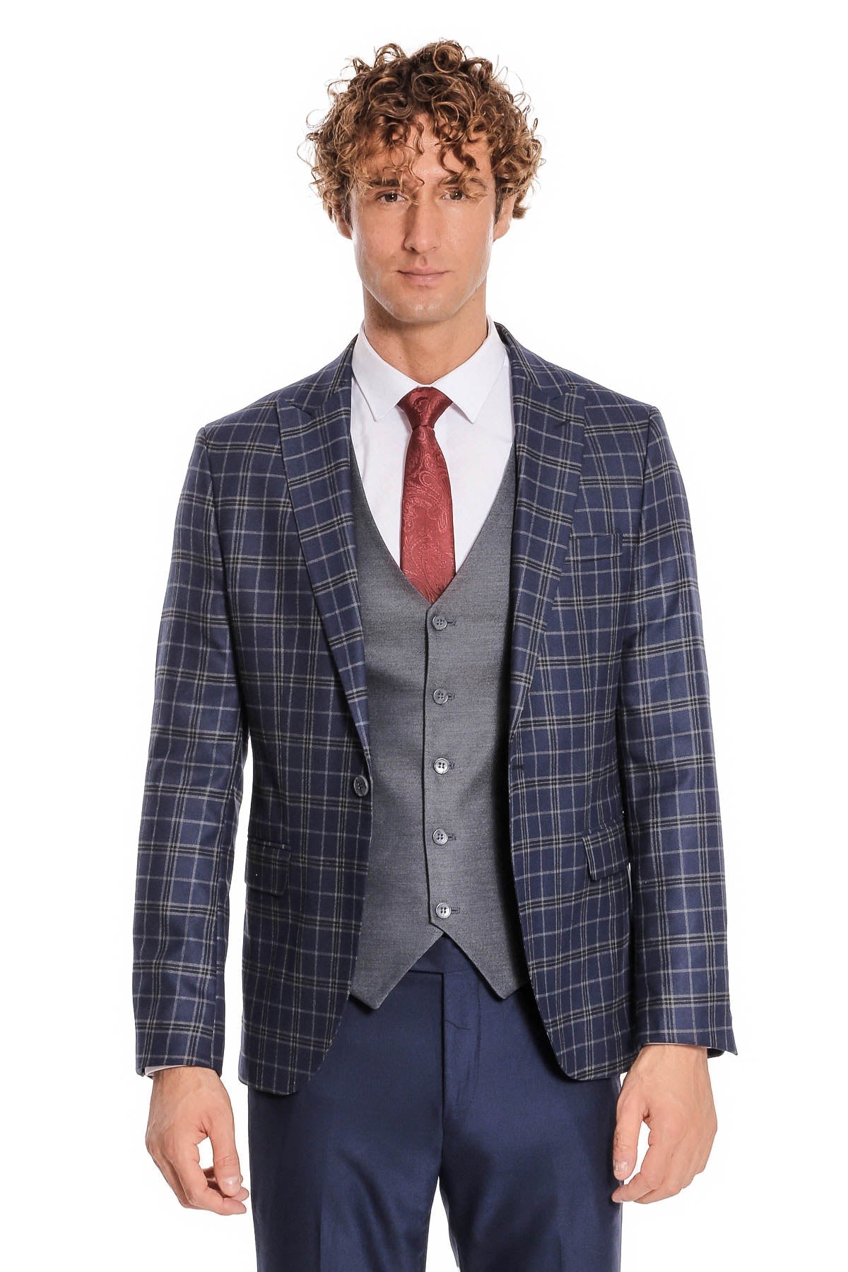 Mavi Yelekli Slim Fit Ekose Lacivert Erkek Takım Elbise - Wessi