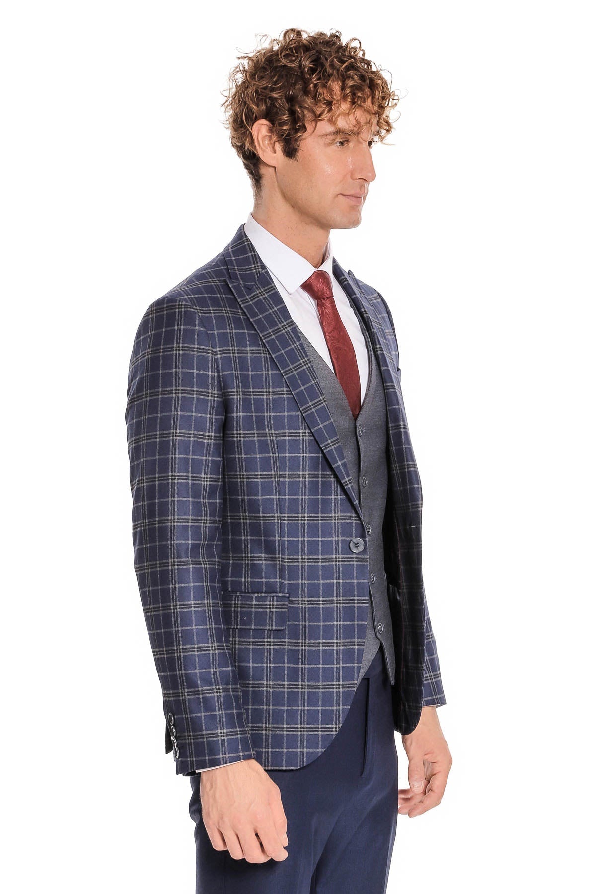 Mavi Yelekli Slim Fit Ekose Lacivert Erkek Takım Elbise - Wessi