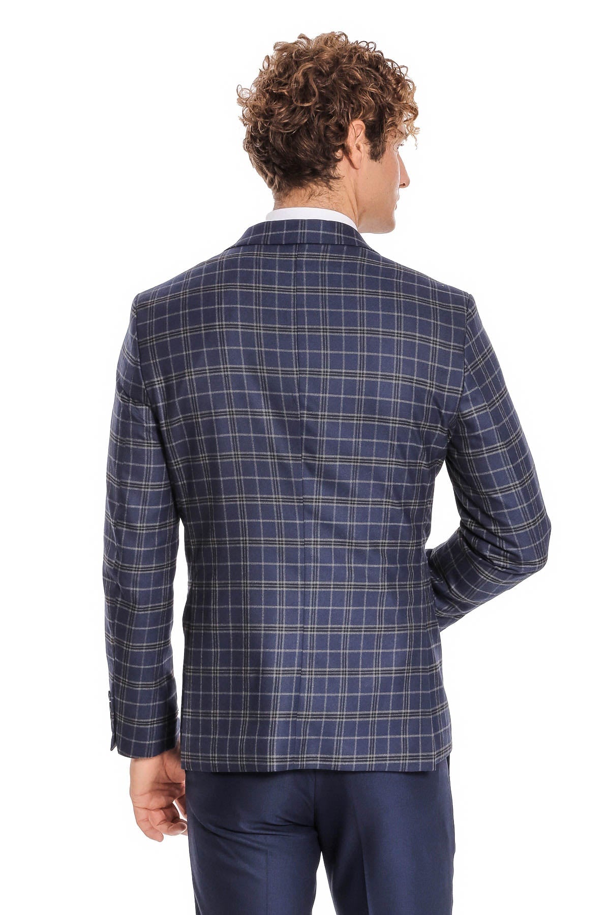 Mavi Yelekli Slim Fit Ekose Lacivert Erkek Takım Elbise - Wessi