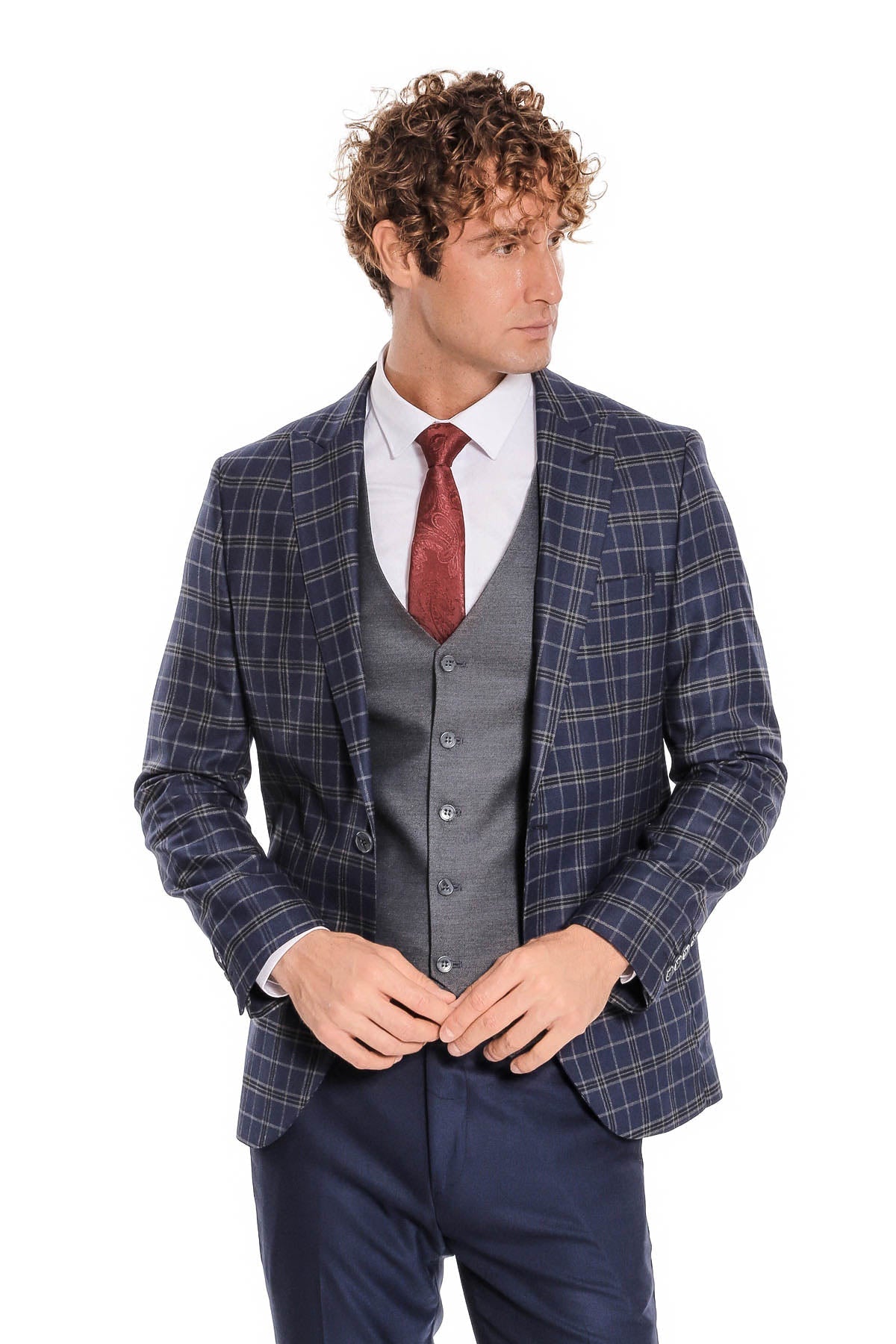 Mavi Yelekli Slim Fit Ekose Lacivert Erkek Takım Elbise - Wessi