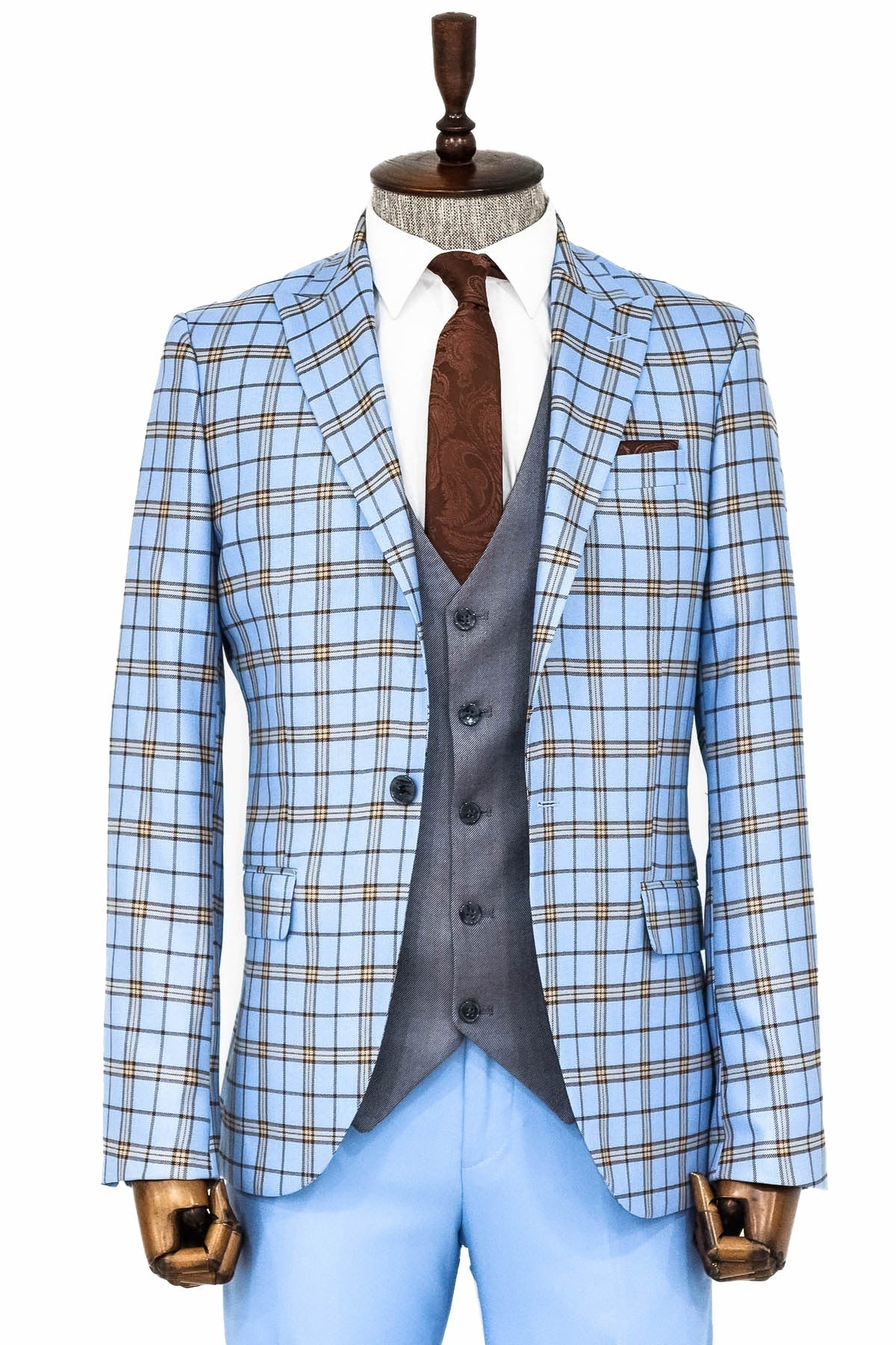 Gri Yelekli Slim Fit Ekose Açık Mavi Erkek Takım Elbise - Wessi