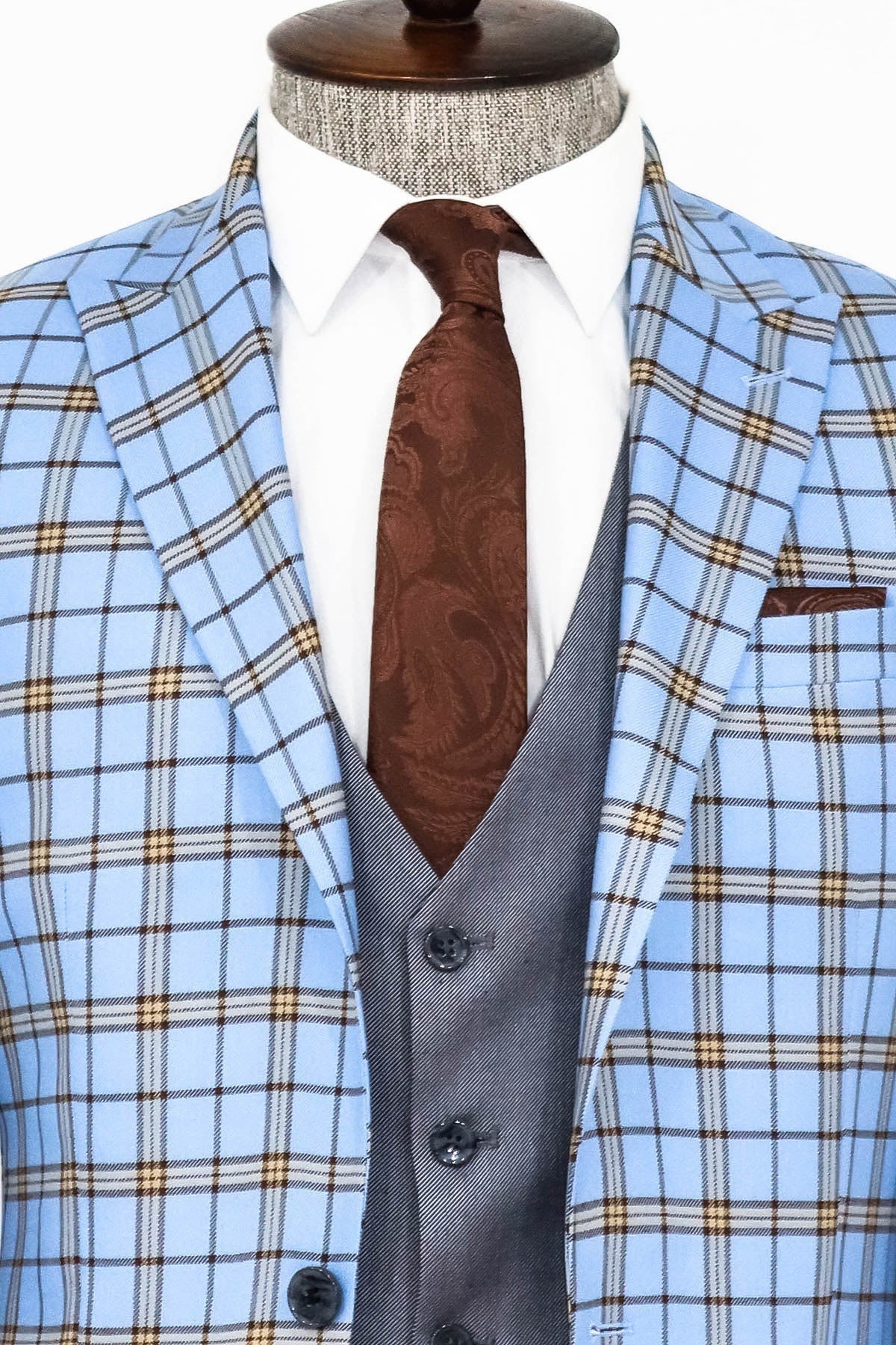 Gri Yelekli Slim Fit Ekose Açık Mavi Erkek Takım Elbise - Wessi