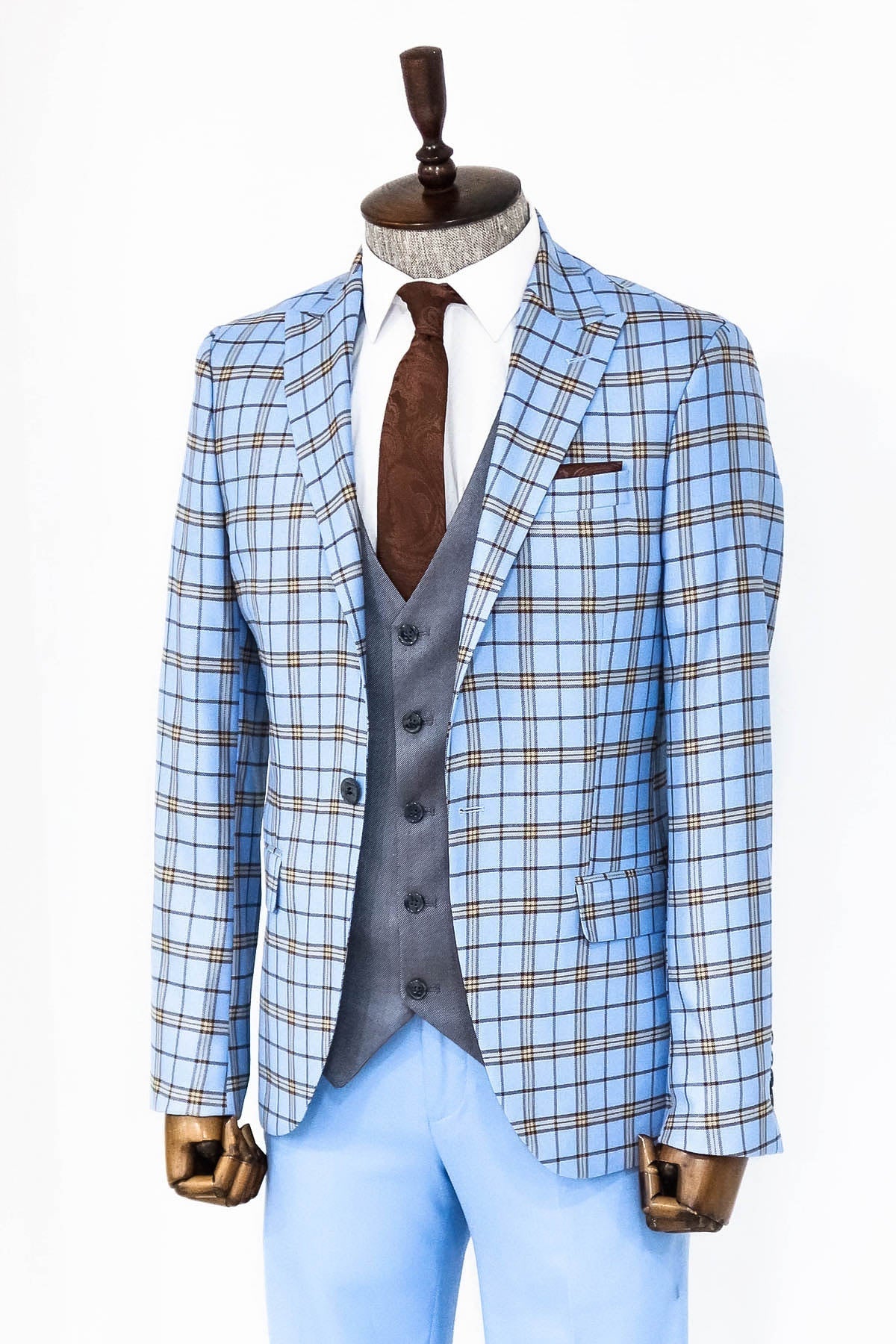 Gri Yelekli Slim Fit Ekose Açık Mavi Erkek Takım Elbise - Wessi