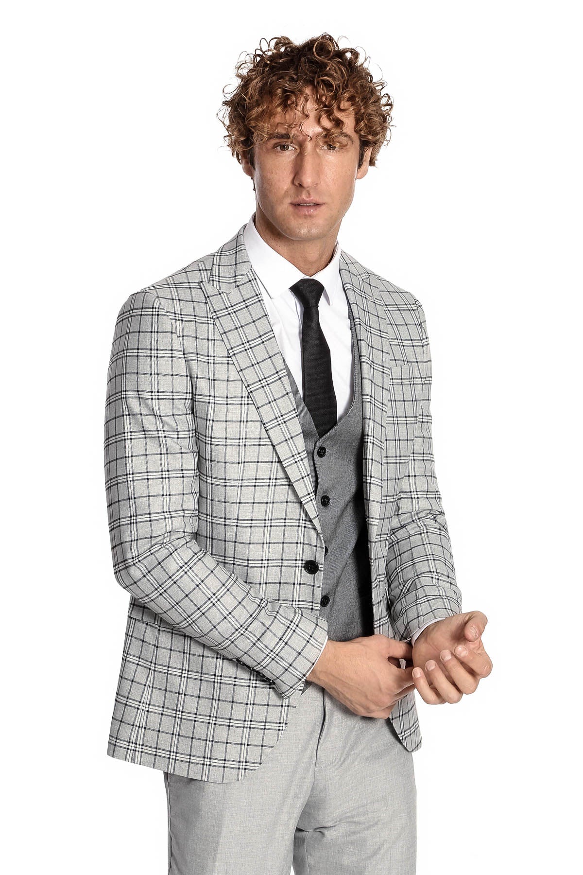 Gri Yelekli Slim Fit Ekose Açık Gri Erkek Takım Elbise - Wessi