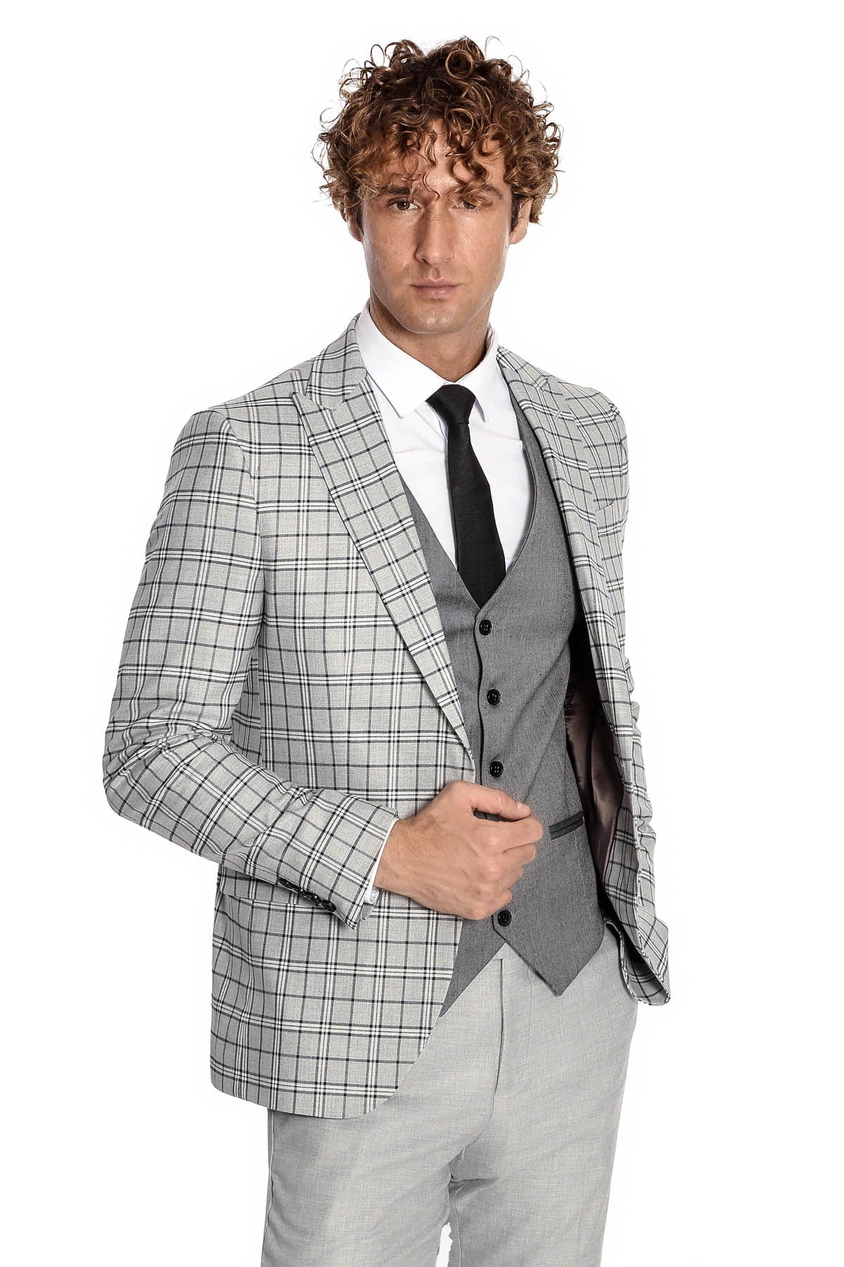 Gri Yelekli Slim Fit Ekose Açık Gri Erkek Takım Elbise - Wessi