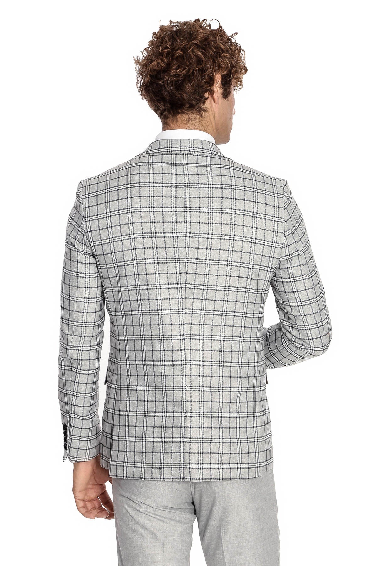 Gri Yelekli Slim Fit Ekose Açık Gri Erkek Takım Elbise - Wessi