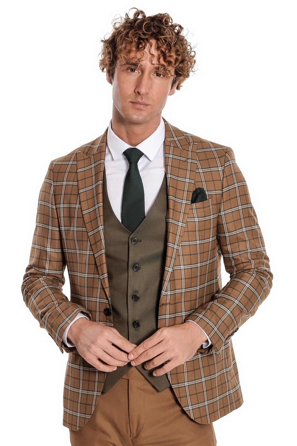 Kahverengi Yelekli Slim Fit Ekose Taba Erkek Takım Elbise - Wessi