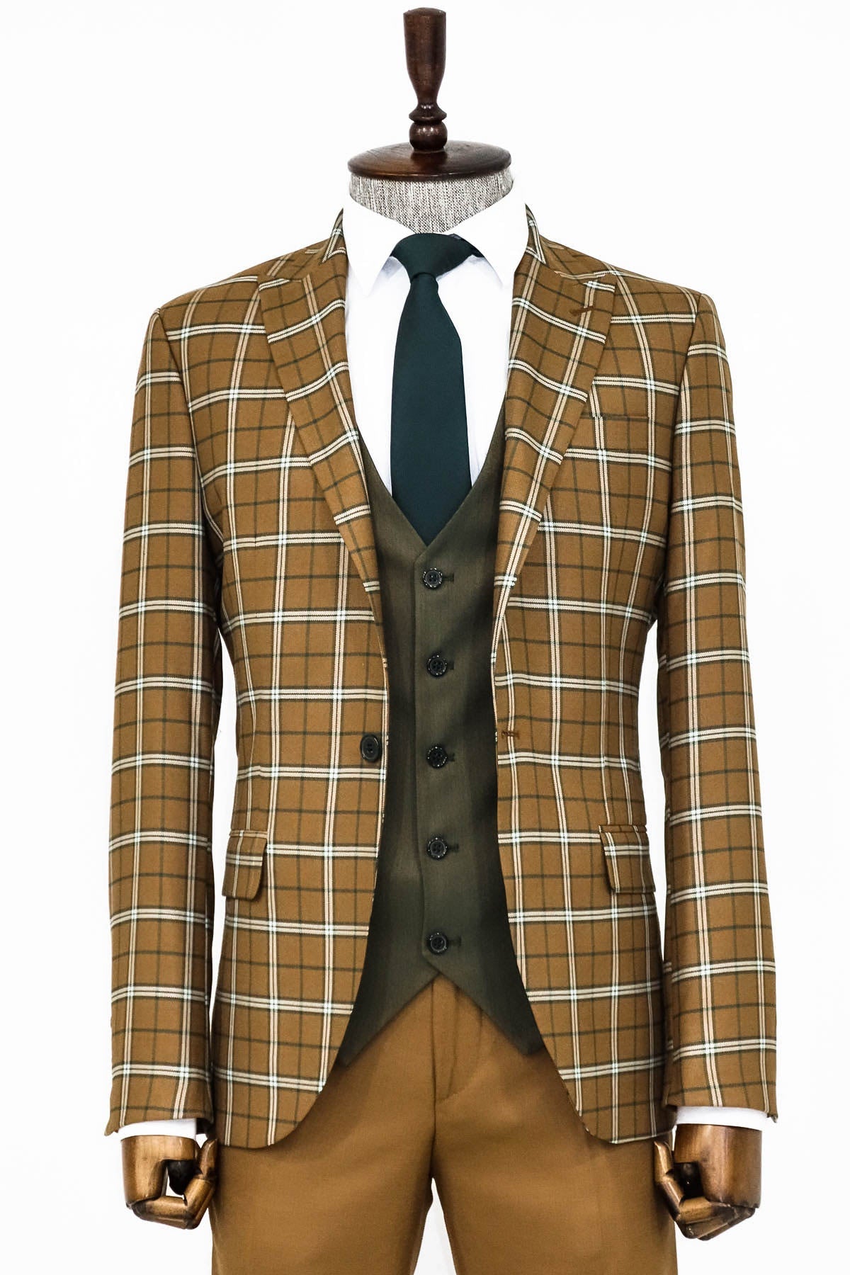 Kahverengi Yelekli Slim Fit Ekose Taba Erkek Takım Elbise - Wessi