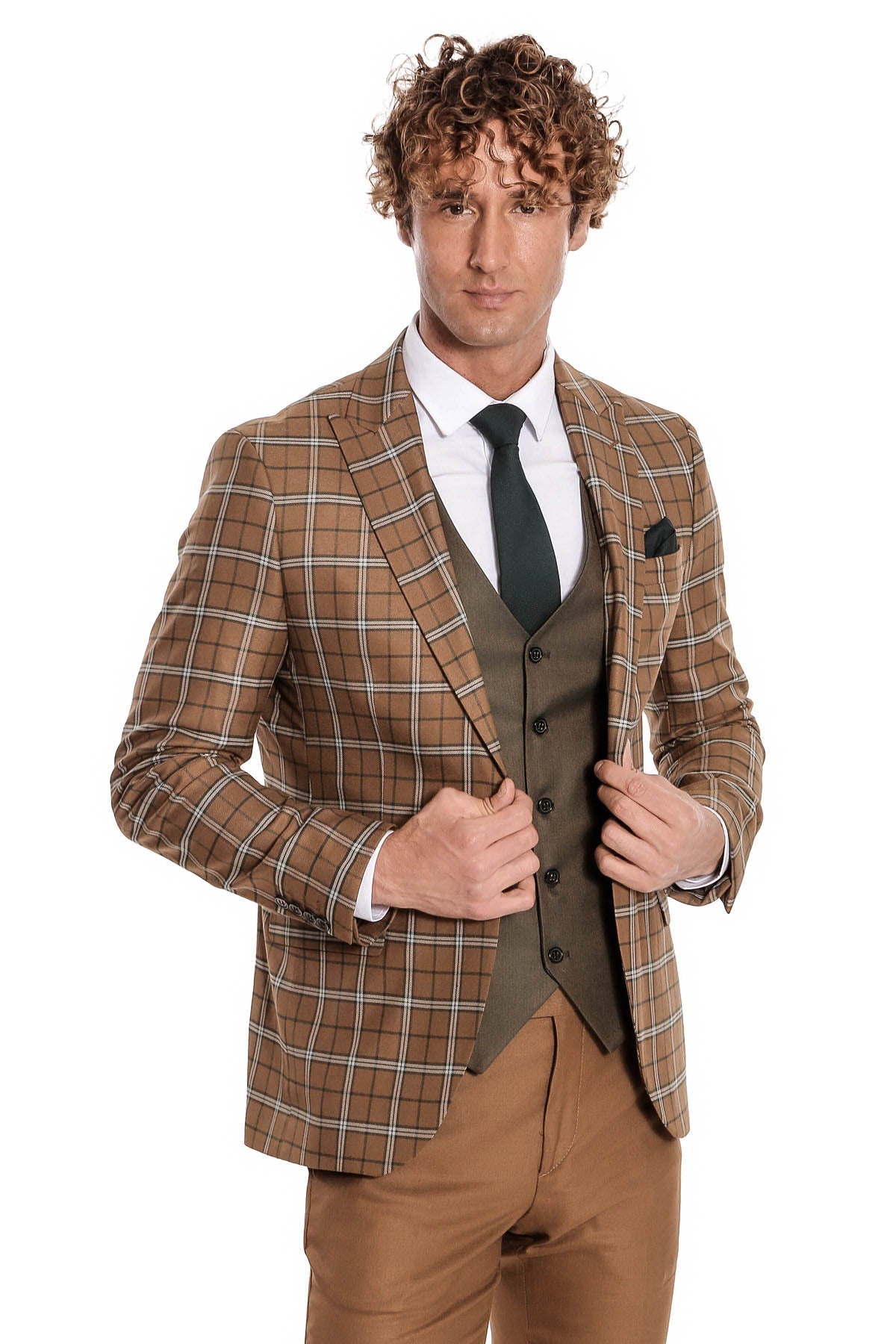 Kahverengi Yelekli Slim Fit Ekose Taba Erkek Takım Elbise - Wessi