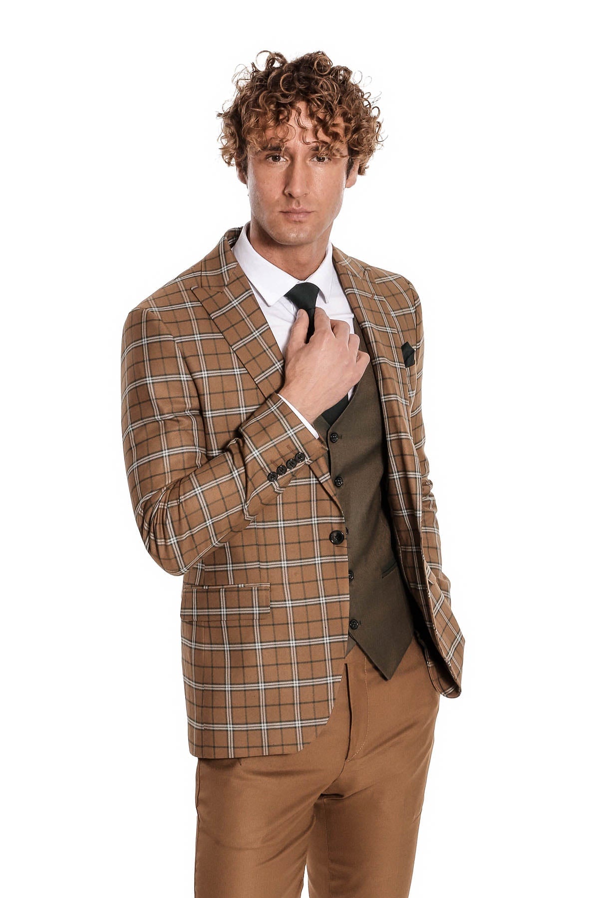 Kahverengi Yelekli Slim Fit Ekose Taba Erkek Takım Elbise - Wessi