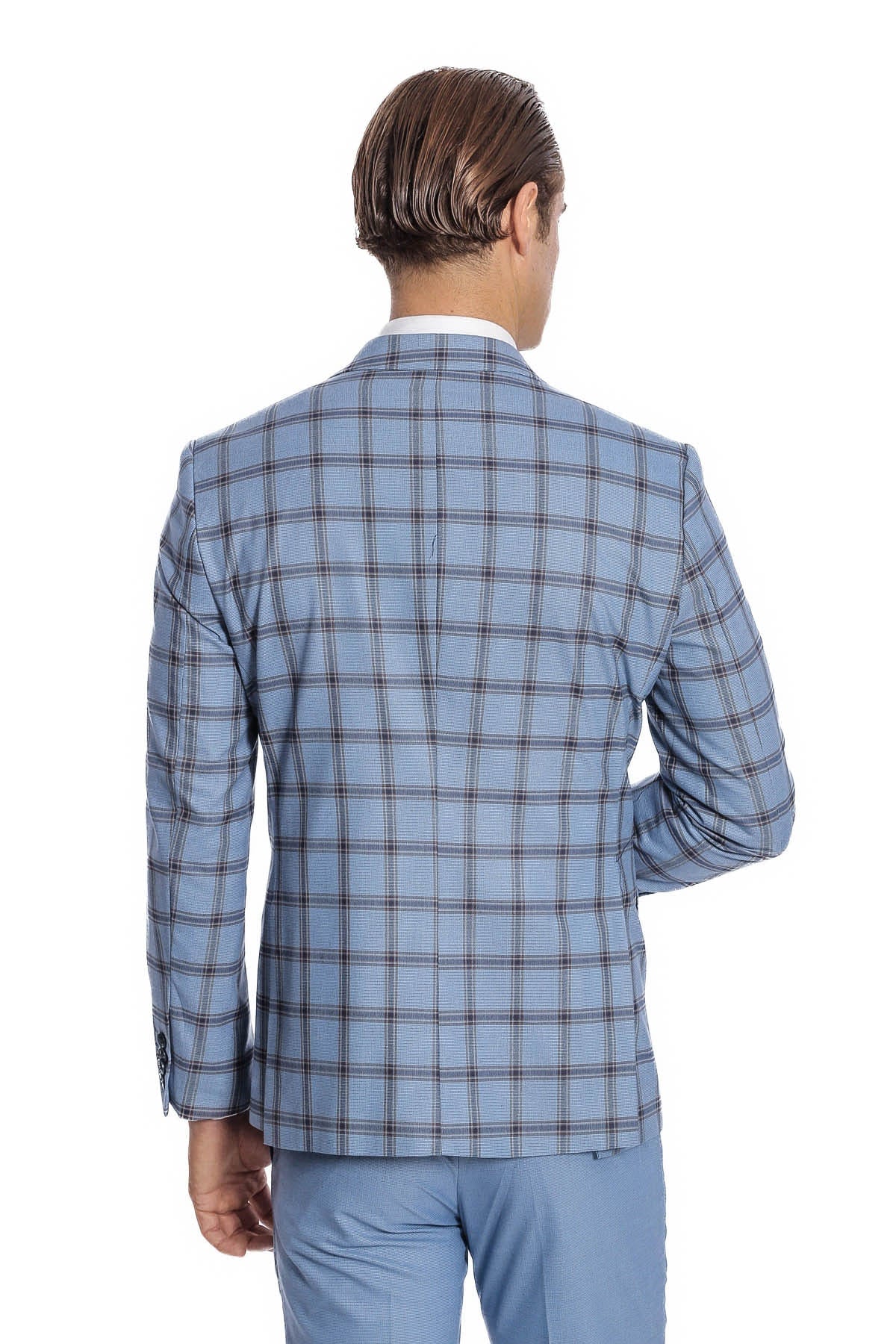 Ekose Ceketli Desenli Slim Fit Mavi Erkek Takım Elbise - Wessi
