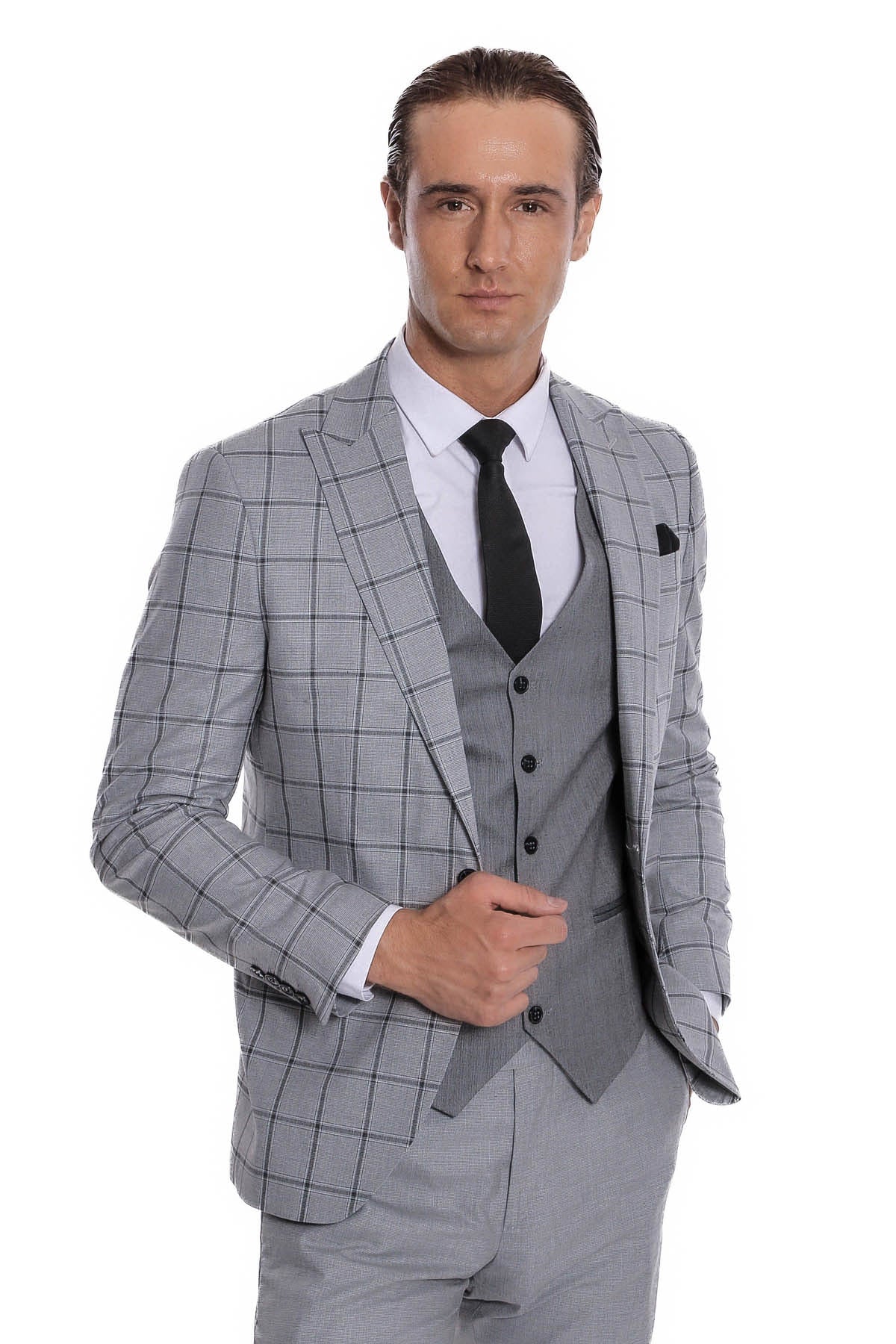 Ekose Ceketli Desenli Slim Fit Gri Erkek Takım Elbise - Wessi
