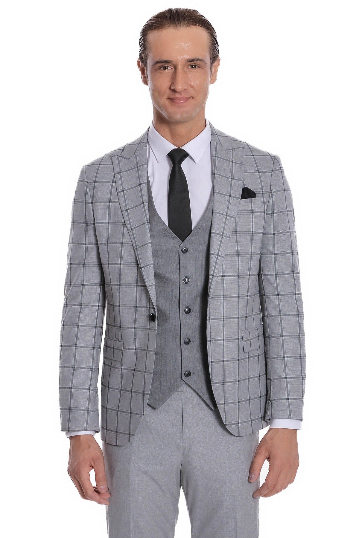 Ekose Ceketli Desenli Slim Fit Gri Erkek Takım Elbise - Wessi