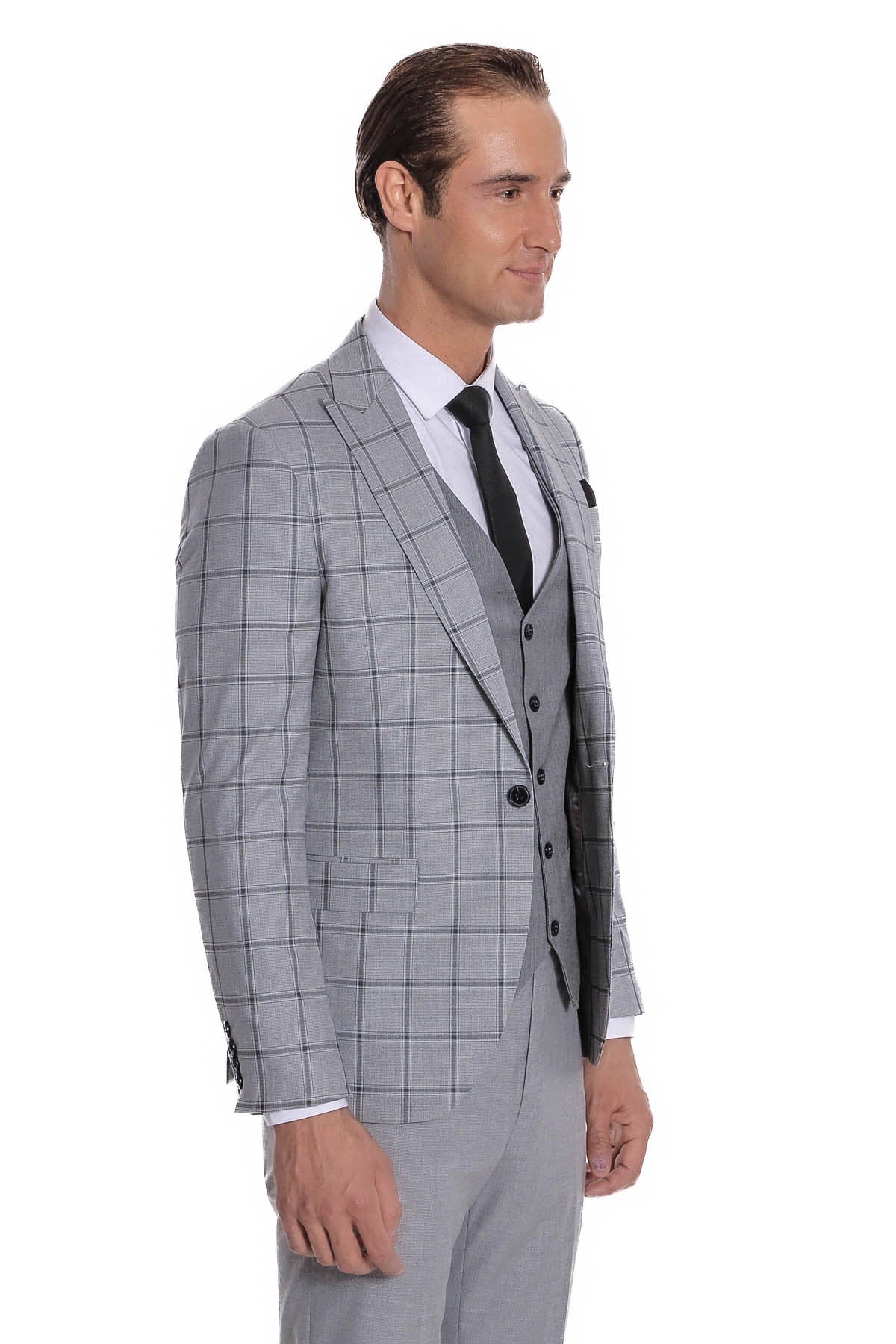 Ekose Ceketli Desenli Slim Fit Gri Erkek Takım Elbise - Wessi