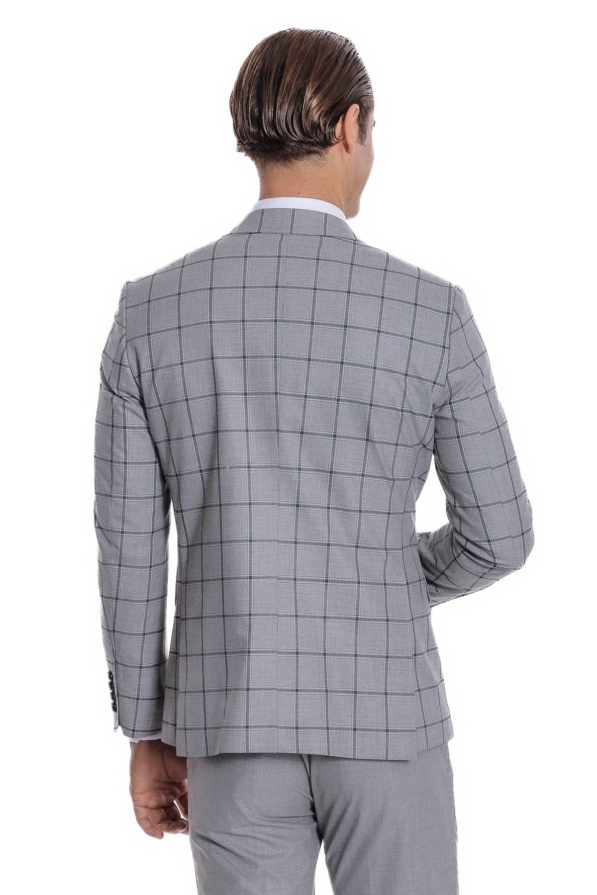 Ekose Ceketli Desenli Slim Fit Gri Erkek Takım Elbise - Wessi