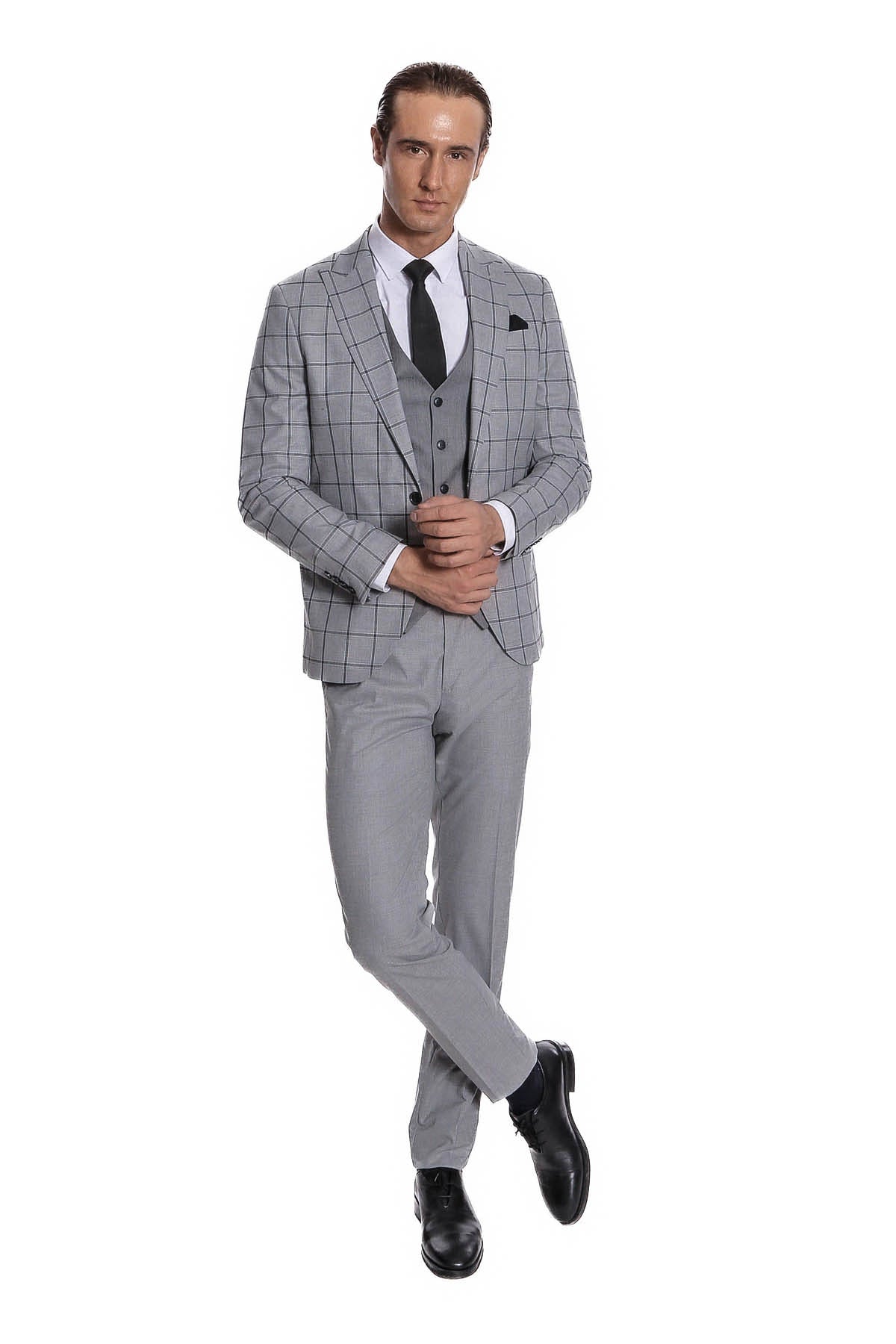 Ekose Ceketli Desenli Slim Fit Gri Erkek Takım Elbise - Wessi