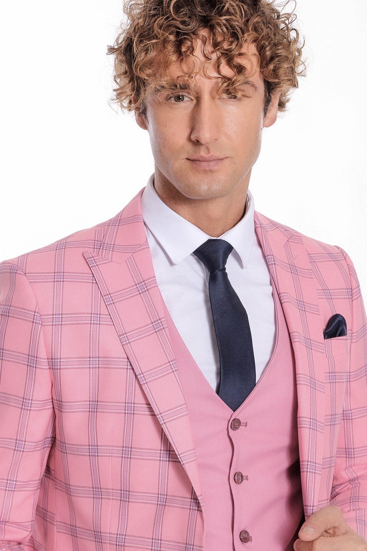 Ekose Ceketli Desenli Slim Fit Pembe Erkek Takım Elbise - Wessi